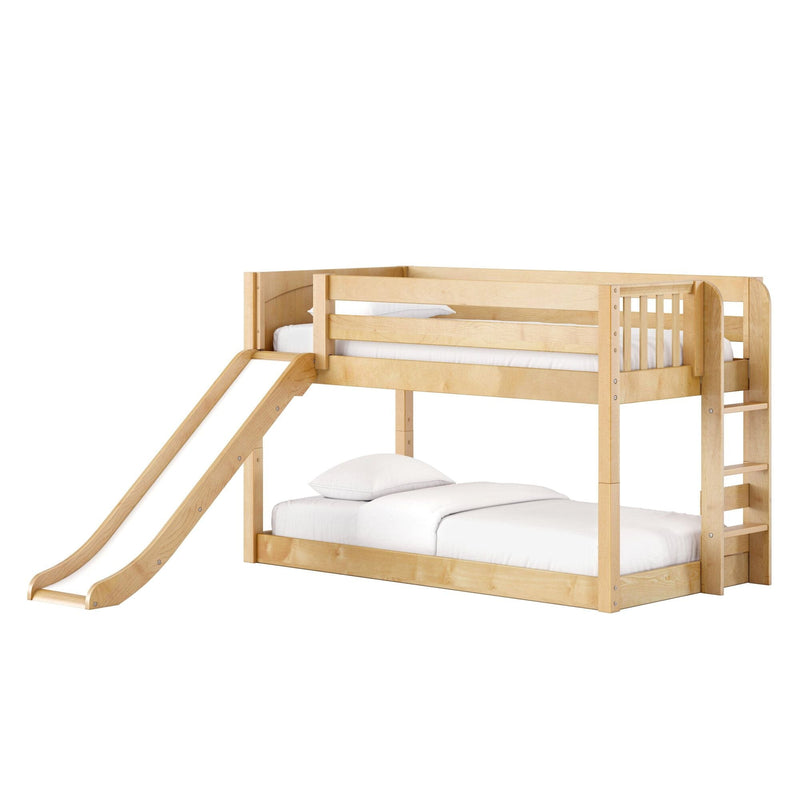 Solid maple twin-over-full loft bunk bed with slide, ladder and safety rails, white bedding for kids' bedroom