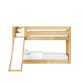 Natural wood bunk bed with ladder and white bedding — solid maple finish, space-saving kids loft bed