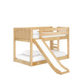 Light wood twin-over-twin bunk bed with built-in ladder and slide, safety rails and white bedding for children's bedroom