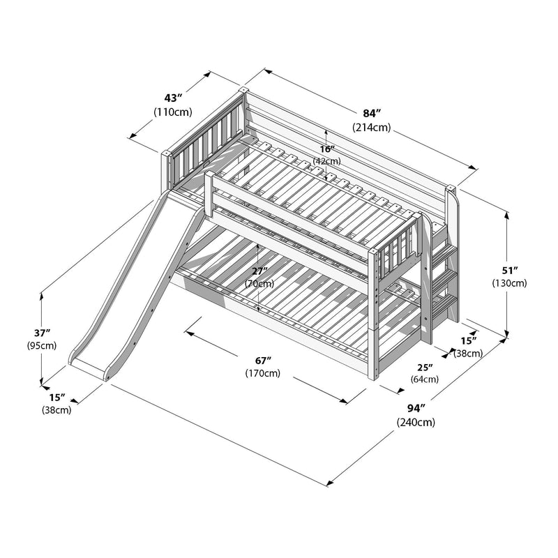 Dimensioned assembly diagram of wooden twin-over-twin bunk bed with slide, ladder and guardrails, labeled measurements in inches and cm (94″/240cm, 84″/214cm, 43″/110cm)