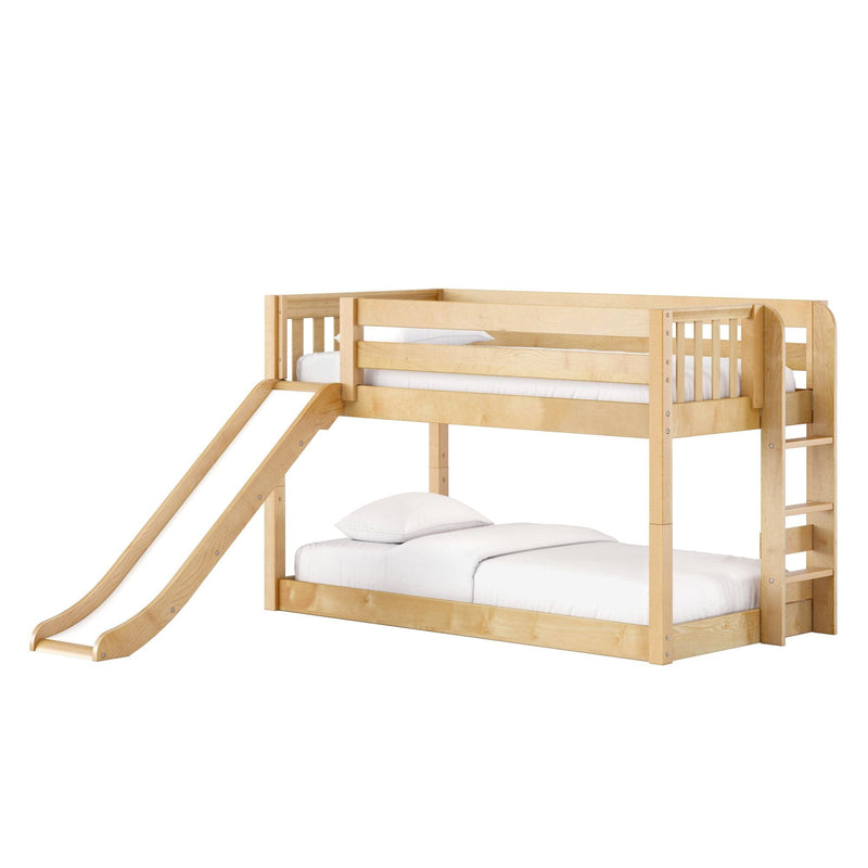 Kids loft bunk bed with slide and ladder, natural wood twin-over-full style with white bedding