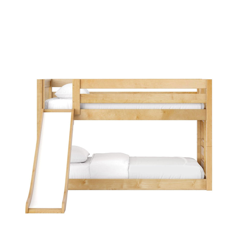 Light natural wood bunk bed with ladder and white bedding — solid wood, space-saving kids' loft bunk for children's bedroom
