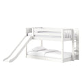 White wooden kids bunk bed with slide, twin-over-full loft bed with ladder and guardrails — modern children's furniture