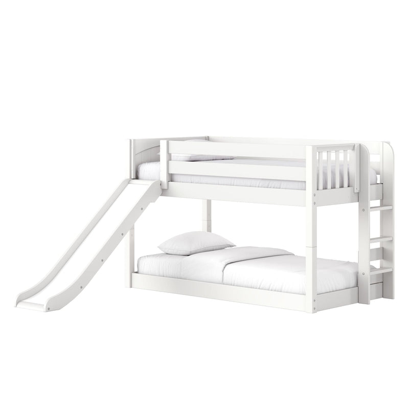 White wooden kids bunk bed with slide, twin-over-full loft bed with ladder and guardrails — modern children's furniture