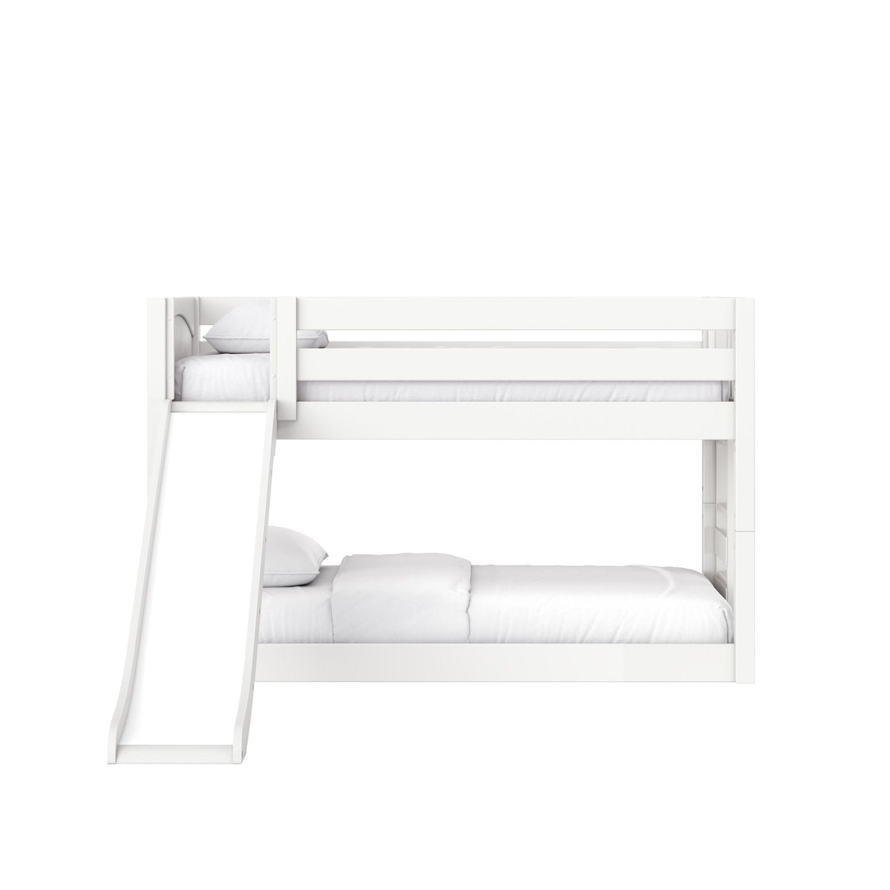 White wooden bunk bed with slide, twin mattresses and guardrails, modern kids' bedroom furniture