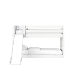 White wooden bunk bed with slide, twin mattresses and guardrails, modern kids' bedroom furniture