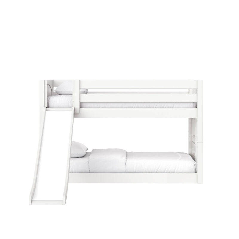 White wooden bunk bed with slide, twin-over-full mattresses, built-in ladder and guardrails, space-saving modern kids bedroom furniture