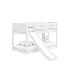 White wooden loft bunk bed with slide and ladder, twin-over-twin kids bed with guardrails and white bedding — space-saving children's loft design