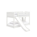 White wooden twin-over-twin loft bunk bed with built-in slide, guardrails and ladder, styled with white mattress and pillows — space-saving kids bedroom furniture
