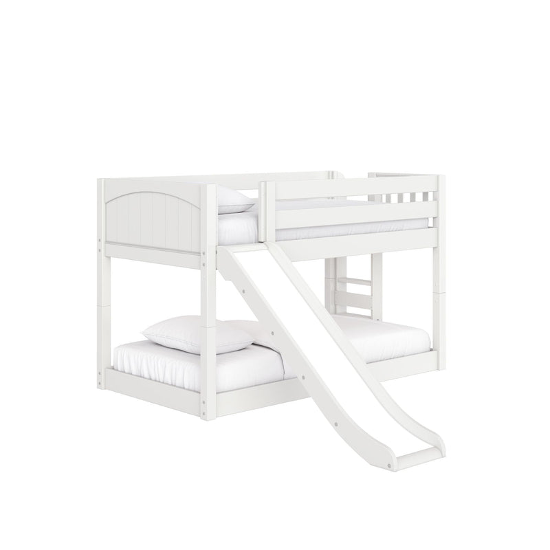 White wooden twin-over-twin loft bunk bed with built-in slide, guardrails and ladder, styled with white mattress and pillows — space-saving kids bedroom furniture