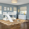 Modern kids bedroom featuring a white bunk bed with slide, soft blue walls, framed artwork, beige Roman shades, white dresser, yellow lamp and woven rug on hardwood floors