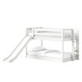 Modern white solid-wood loft bunk bed with slide and ladder for kids, two-level children's bed with guardrails and white bedding