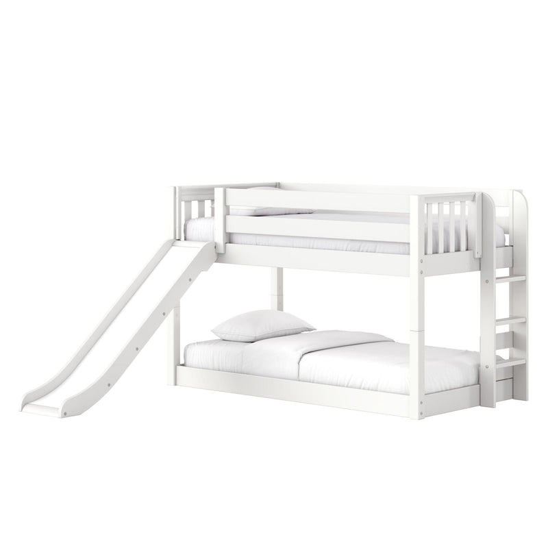 Modern white solid-wood loft bunk bed with slide and ladder for kids, two-level children's bed with guardrails and white bedding
