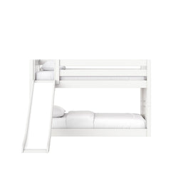 White wooden twin-over-twin bunk bed with slide and white bedding, modern kids loft bed for children's bedroom