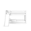 White wooden bunk bed with slide and ladder, twin-over-twin loft bed with white bedding and safety guardrails for kids' bedroom