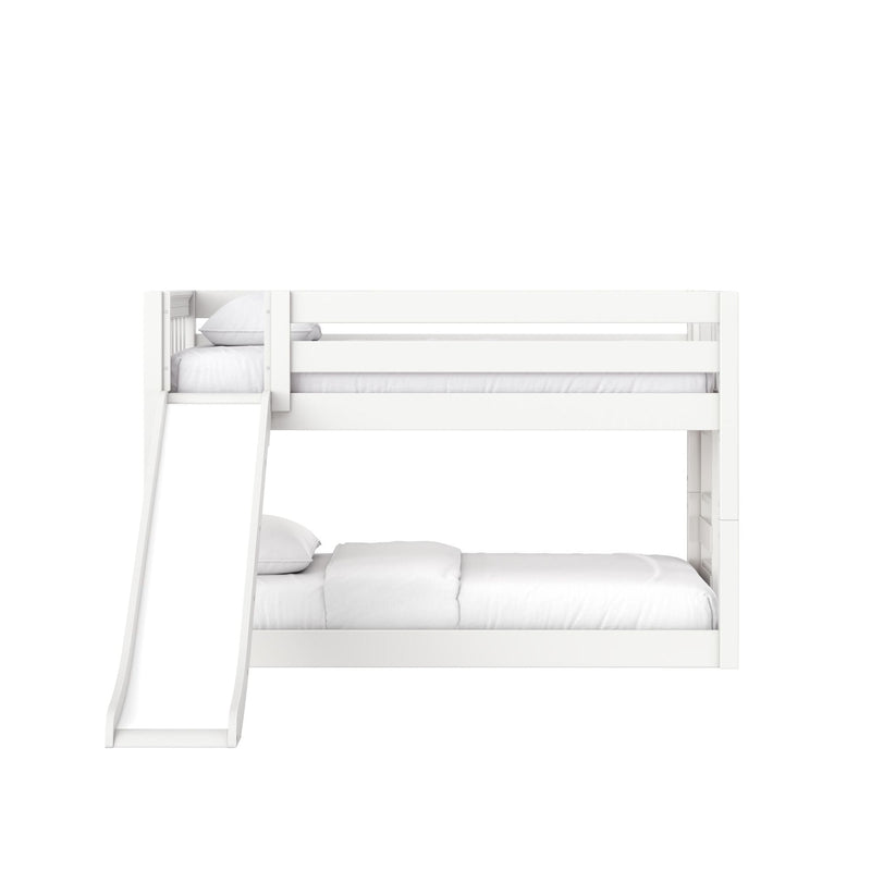 White wooden bunk bed with slide and ladder, twin-over-twin loft bed with white bedding and safety guardrails for kids' bedroom