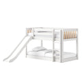 White wooden loft bunk bed with slide and ladder, natural wood slat accents and white bedding, modern kids' bedroom furniture