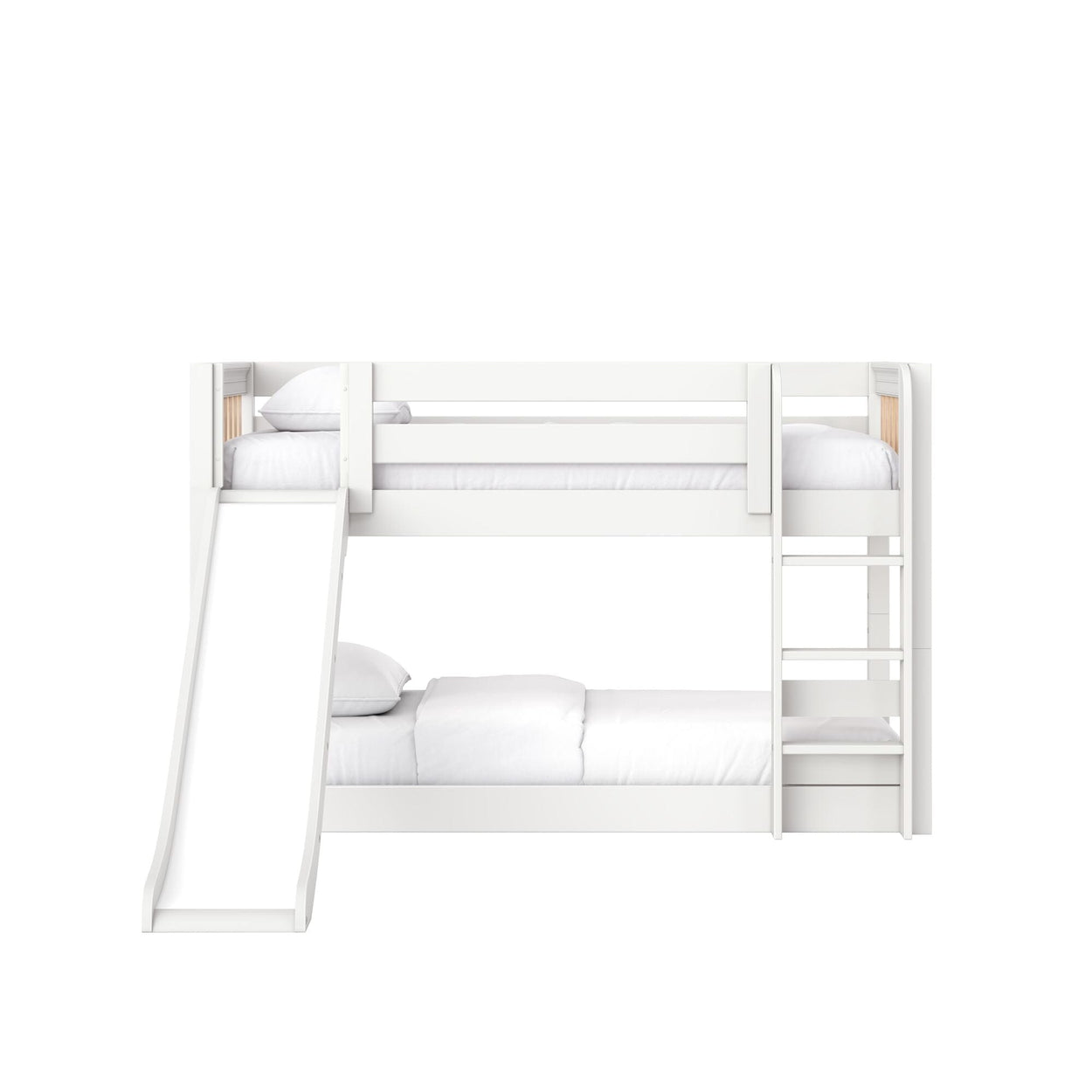 White bunk bed with slide and ladder, modern wooden kids loft bed with white bedding, space-saving children's bedroom furniture