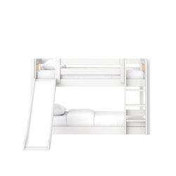 White bunk bed with slide and ladder, modern wooden kids loft bed with white bedding, space-saving children's bedroom furniture