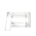 White wooden twin-over-twin bunk bed with slide and ladder, modern kids' bedroom furniture
