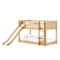 Light natural wood twin-over-full loft bunk bed with slide, built-in ladder and safety rails for children's bedroom