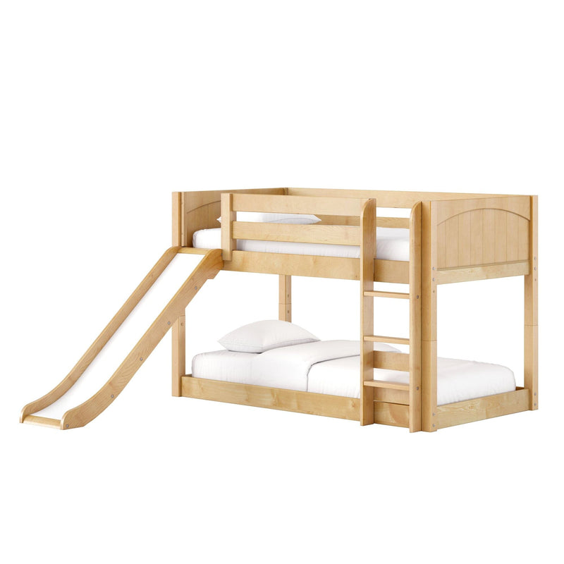 Light natural wood twin-over-full loft bunk bed with slide, built-in ladder and safety rails for children's bedroom