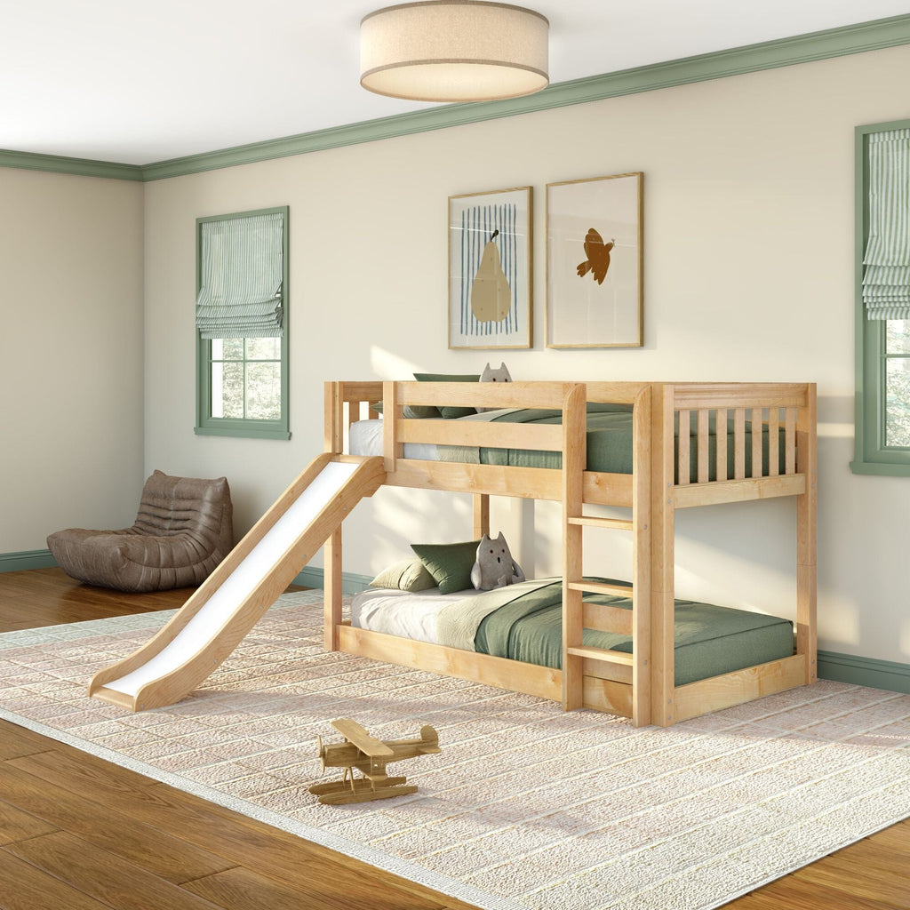 Natural wood bunk bed with slide in a modern kids' bedroom with green bedding and window trim, plush neutral rug, wooden toy airplane and framed wall art