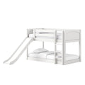 White kids bunk bed with slide and ladder, loft-style white wooden frame with slatted headboard and white bedding — space-saving children's bedroom furniture
