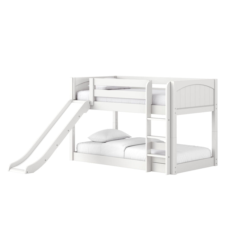 White kids bunk bed with slide and ladder, loft-style white wooden frame with slatted headboard and white bedding — space-saving children's bedroom furniture