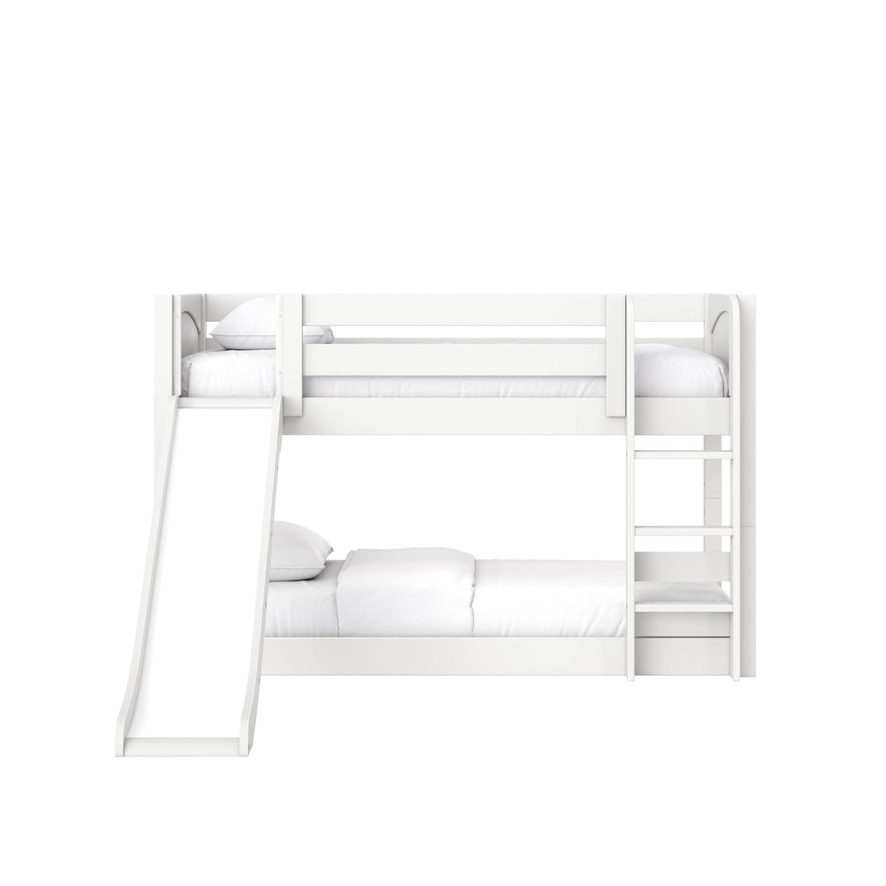 White wooden twin-over-full bunk bed with slide and ladder, built-in storage drawers and white bedding for kids' bedroom