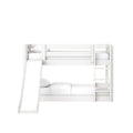 White wooden bunk bed with built-in ladder and slide, modern loft-style kids bed with white bedding and under-bed storage