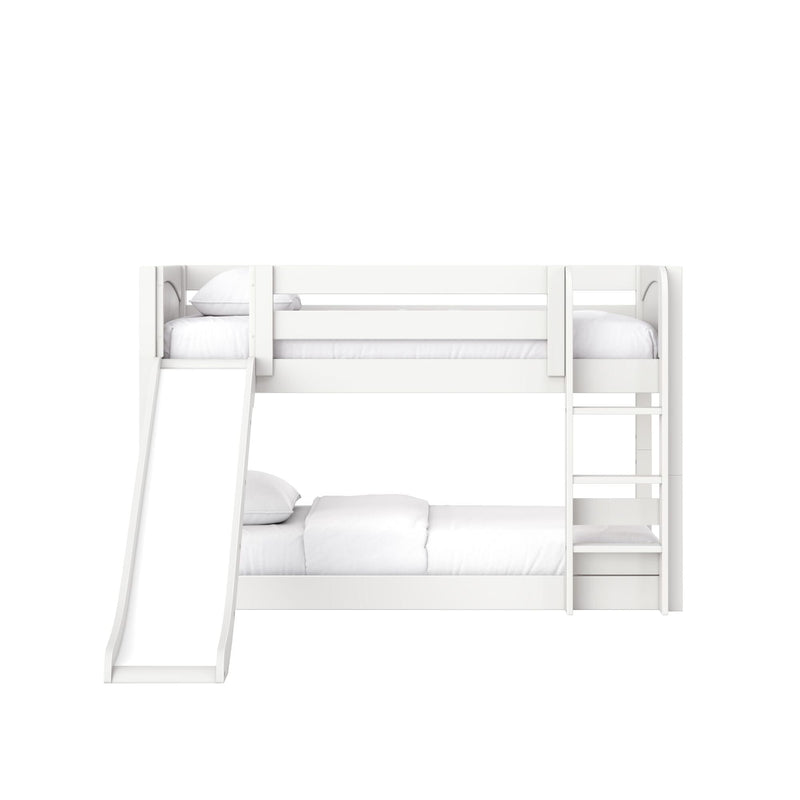 White wooden bunk bed with built-in ladder and slide, modern loft-style kids bed with white bedding and under-bed storage