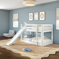 White twin-over-twin bunk bed with slide in blue kids' room, striped bedding, jute rug, roman shades and framed wall art