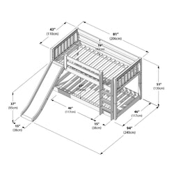 Isometric drawing of wooden twin-over-twin kids bunk bed with slide, ladder and guardrails showing detailed dimensions in inches and centimeters