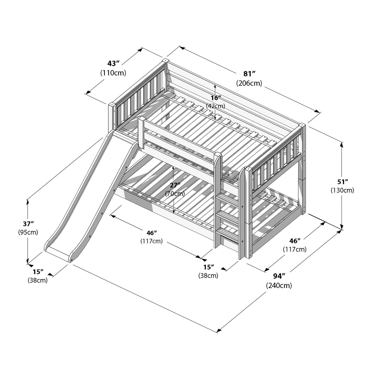 Wooden kids bunk bed with slide - twin-over-twin assembly diagram showing detailed dimensions (94" x 46" footprint, 51" height), ladder, guardrails, and slatted frames