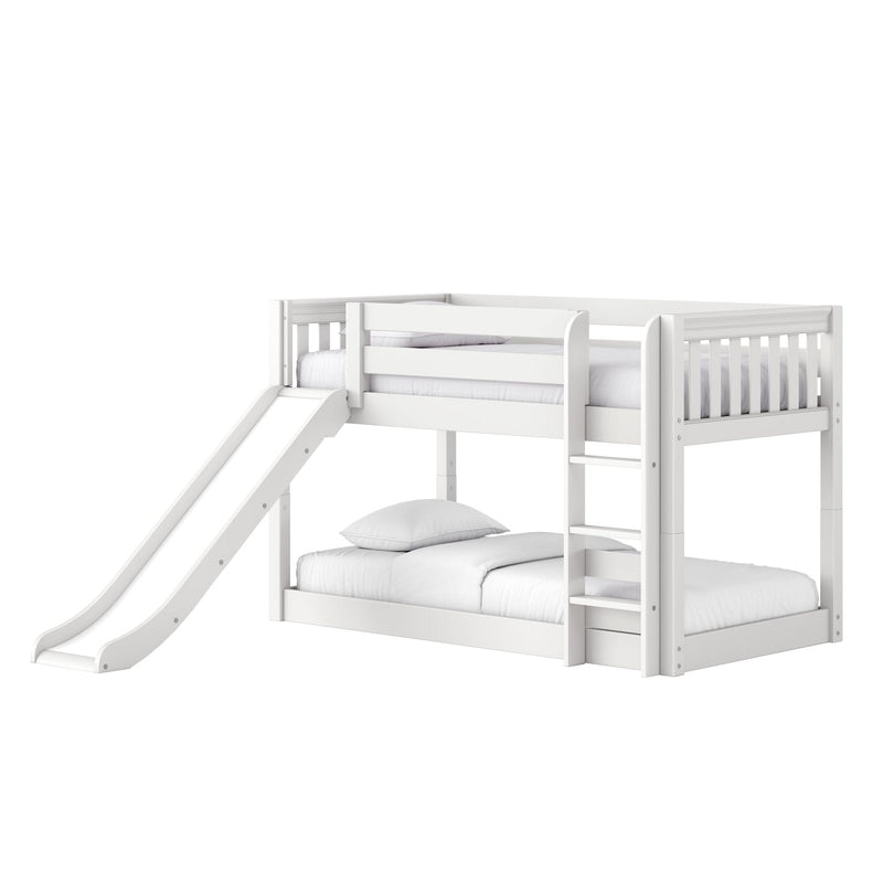 White wooden kids loft bunk bed with slide and ladder, top guardrail and lower sleeping area with pillows — modern children's bedroom furniture