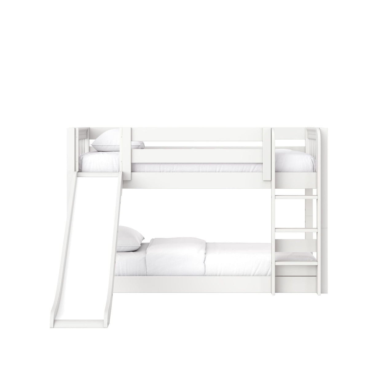 White wooden twin-over-twin bunk bed with slide and ladder, white bedding and pillows — modern space-saving kids loft bed