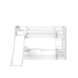 White wooden twin-over-twin bunk bed with slide and ladder, white bedding and pillows — modern space-saving kids loft bed