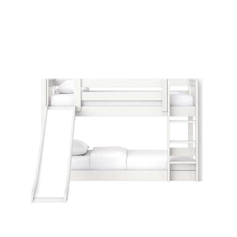 Space-saving white wooden twin-over-full bunk bed with built-in slide and ladder, modern kids' bedroom furniture with white bedding