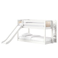 White wooden kids loft bunk bed with slide and ladder, twin-over-full design, guardrails and natural wood slat accents, white mattress and bedding