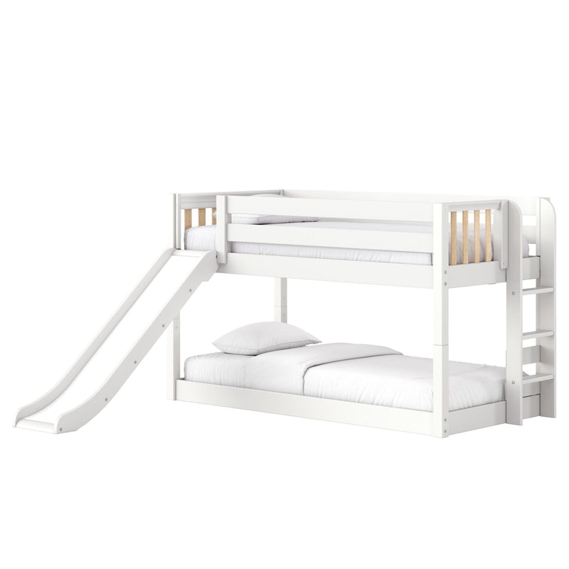 White wooden kids loft bunk bed with slide and ladder, twin-over-full design, guardrails and natural wood slat accents, white mattress and bedding
