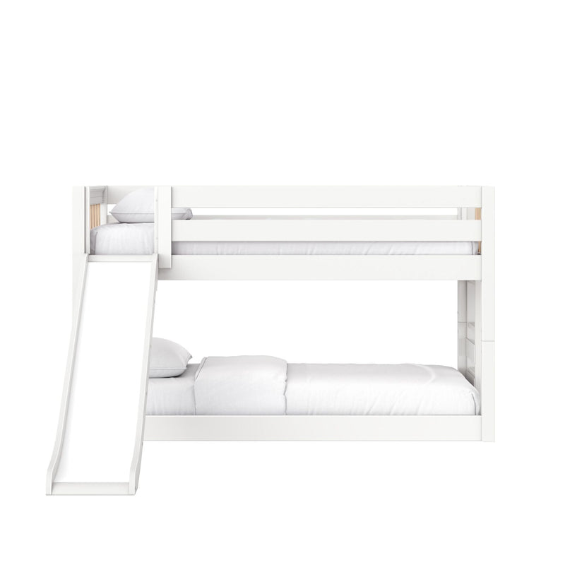 White painted wooden bunk bed with built-in slide, safety guardrails and twin mattresses — modern space-saving kids' bedroom furniture