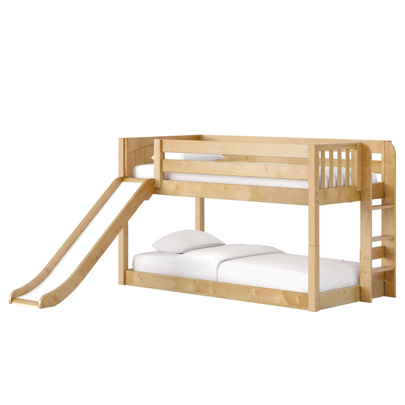 Natural maple solid wood twin-over-full bunk bed with slide, ladder and guardrails – kids loft bed for playroom