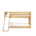 Light solid-wood bunk bed with slide and white bedding, natural finish kids' bedroom furniture, space-saving design