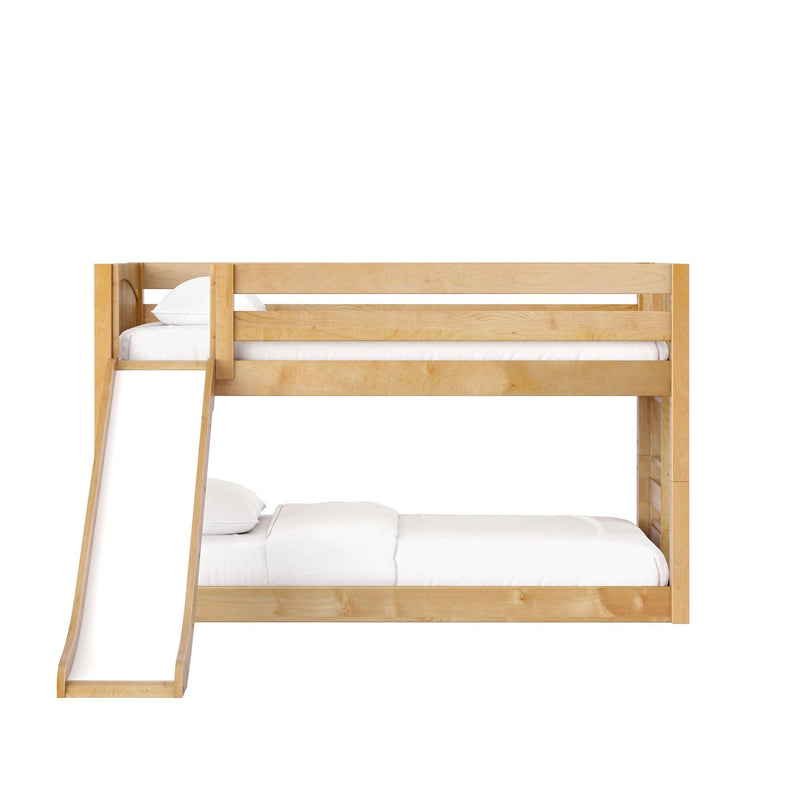 Light solid-wood bunk bed with slide and white bedding, natural finish kids' bedroom furniture, space-saving design