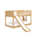 Natural maple solid wood loft bunk bed with built-in slide, twin-over-full configuration, slatted guardrails and white mattresses
