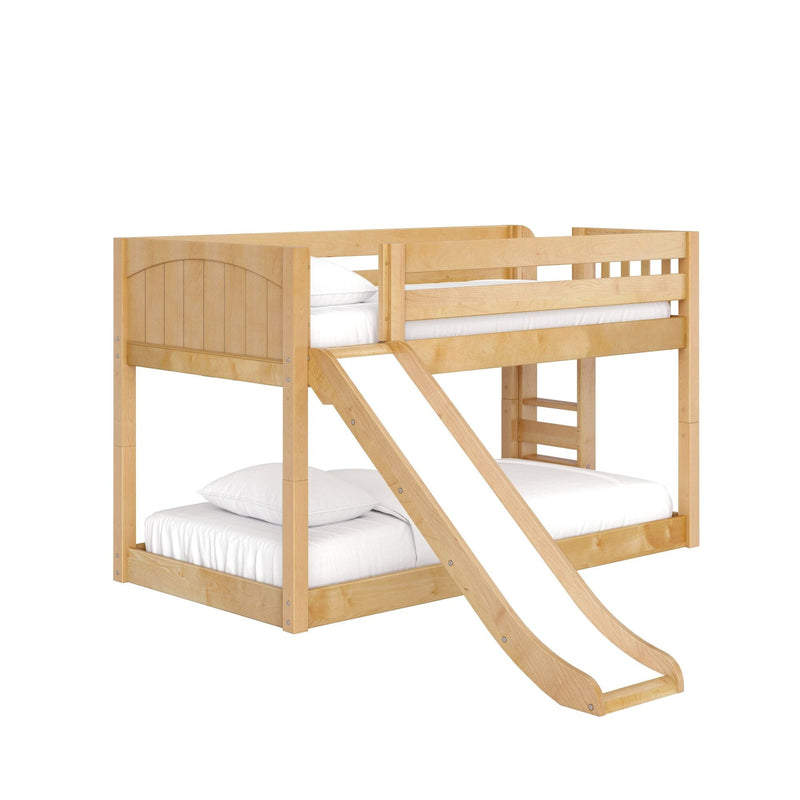 Natural maple solid wood loft bunk bed with built-in slide, twin-over-full configuration, slatted guardrails and white mattresses
