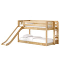 Solid maple twin-over-full children's bunk bed with slide and ladder, natural wood finish, guardrails and white bedding