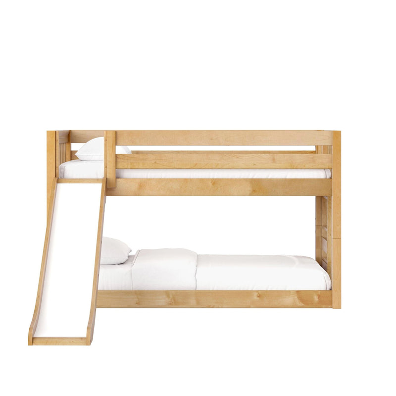 Natural maple wood twin-over-full bunk bed with slide, ladder and guardrails, white bedding — space-saving kids' bedroom bed