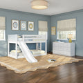 Children's bedroom with white bunk bed and slide, coastal blue walls, white dresser, beige Roman shades, jute rug, hardwood floor, nautical decor
